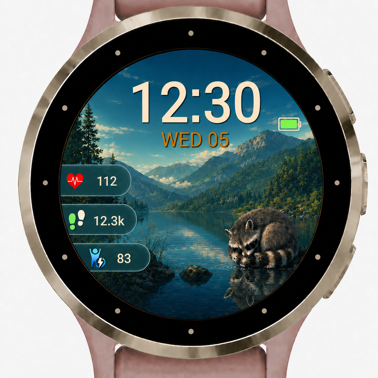 湖のほとりにいるアライグマを描いたGarmin Venu 3S用文字盤「Raccoon Rhythm」